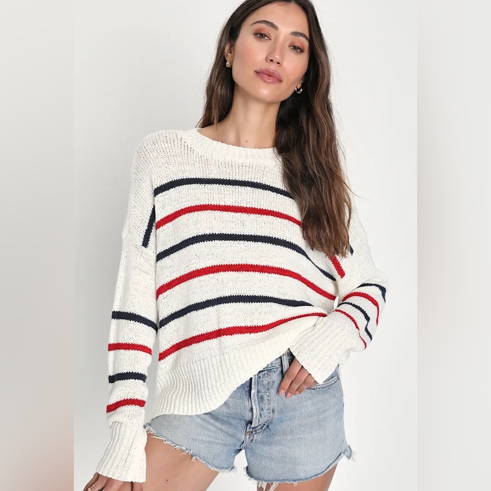 Lulu’s White Stripe Knit Sweater Coastal Casual Relaxed Pullover Size L